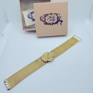 Vintage Kirk’s Tilly Gold Tone Mesh Bracelet Rhinestone Rose